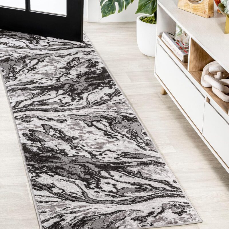 JONATHAN Y 2x10ft Swirl Marbled Abstract Easy-Wash Indoor Rug, Black/Ivory (Retail: $31)